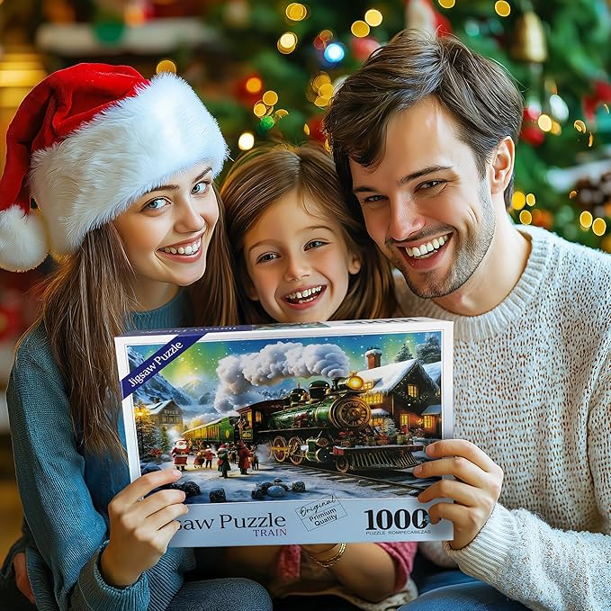 Christmas Puzzles for Adults 1000 Pieces Winter Train Town Jigsaw Puzzles for Adult Puzzles 1000 Pieces with Letters on Back Challenging Holiday Family Puzzle Gifts for Women Men Seniors