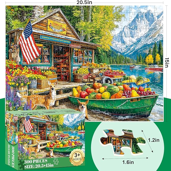300 Piece Puzzles for Adults,Country Store Puzzles for Adults Children Seniors,Large Piece Dog Deer Fruit Puzzle for Kids Ages 8-10 10-12,Fun Challenging Landscape Family Puzzle Game Nights,20.5*15in