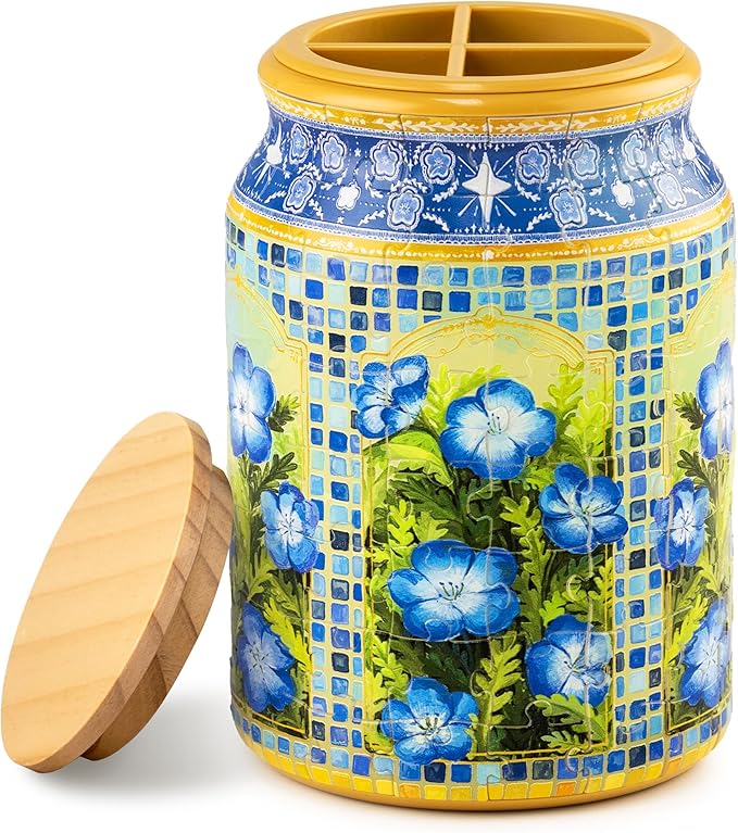 3D Puzzle Jar 128 Plastic Pieces for Adults - Wishing Blue Dianthus Use Includes Divider Pen & Utensil Holder with Wooden Lid Dining,Study Living Room Medium [BA1015]