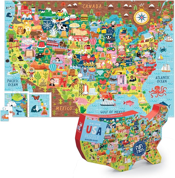 Crocodile Creek 200-Piece Jigsaw Floor Puzzle - Unique Puzzles for Kids Ages 6-8 and Up - Heavy-Duty Shaped Box for Storage - Includes a Fun Fact Booklet - USA Puzzle - 13" L x 19" H Finished