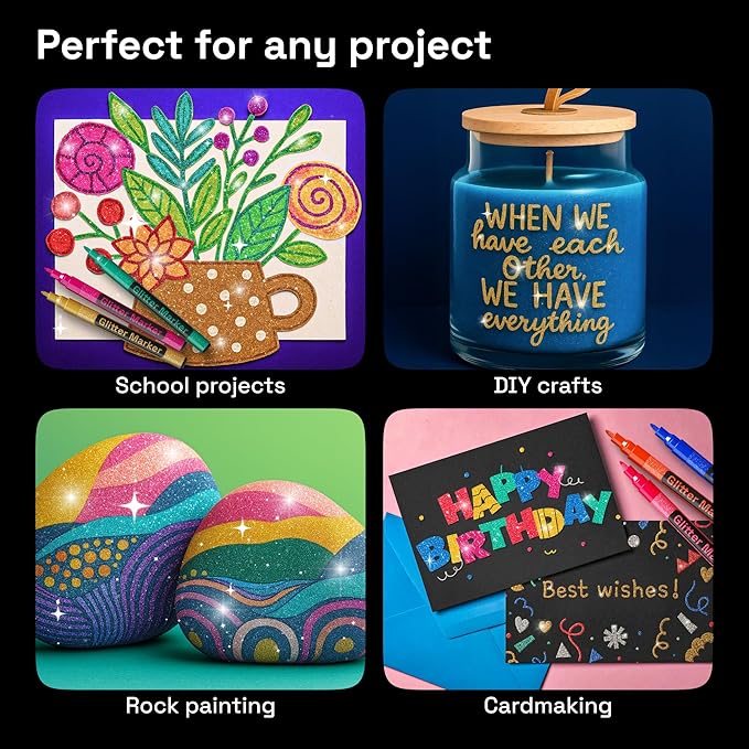 ARTISTRO 12 Glitter Paint Pens Sparkly and Shiny for Rock Painting, Stone, Ceramic, Glass, Wood, Fabric, Scrapbooking, DIY Craft Making, Coloring, Acrylic Glitter Markers Extra-Fine Tip 0.7mm