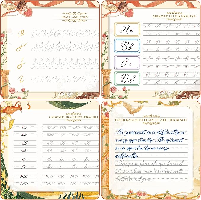 TIME X Grooved Cursive Handwriting Workbook Kit - Cursive Handwriting Workbook for Kids 8-12 and Adults - 3Pcs Magic Reusable Handwriting Workbook with Detachable Quote Postcards - 12.6"x10.6"