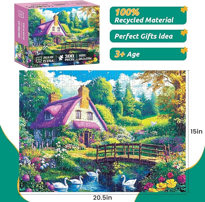 300 Piece Puzzle for Adults,Beautiful Country Cottage Puzzles for Adults Kids Elderly,Large Piece Landscape Puzzles for Kids Age 8-10 10-12,Challenging Nature Puzzle,Family Game Great Gift 20.5x15 in