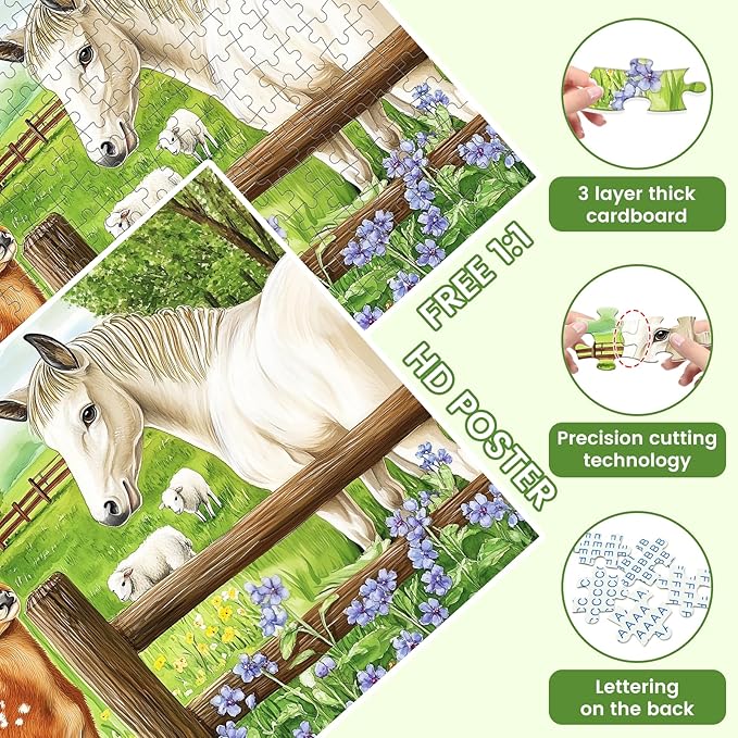 300 Pieces Puzzle for Adults-Deer Jigsaw Puzzle-Farm Horse Puzzles for Kids Ages 8-10-Animal Pet Lover Challenging Puzzles for Friends Family Activity Game Nights Gifts-20.5x15IN