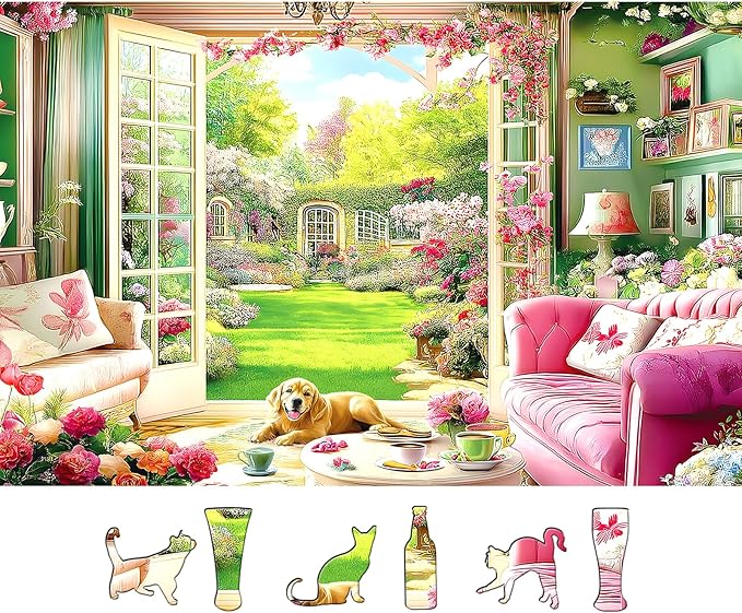 Blueforest 500 Piece Jigsaw Puzzle for Adults - Unique Shape Pieces | Cozy Indoor Garden Scene with Golden Retriever | Challenging & Fun Puzzle 23x15 Inches