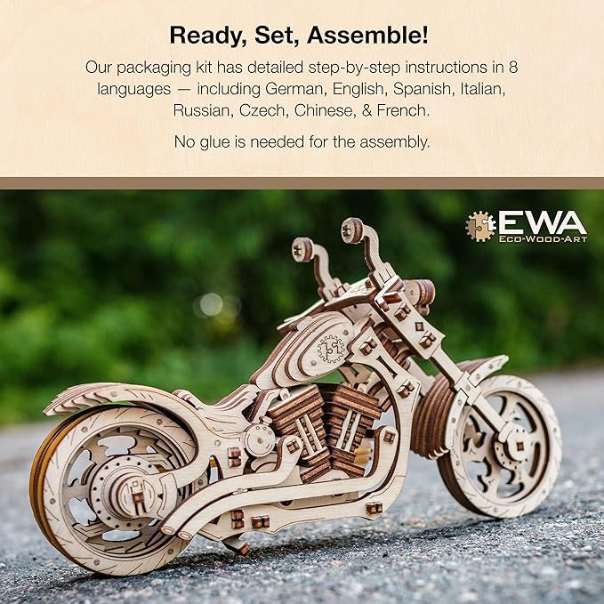 3D Puzzles for Adults - DIY Cruiser Motorcycle Model Kit with Rubber Band Engine, Functional Handlebars & Center Prop Stand - 3D Wooden Puzzle for 15 yrs Above & Adults - Eco Wood Art, 152 Pieces
