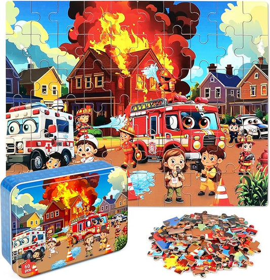 LELEMON Puzzles for Kids Ages 4-6, Fire Fighting 60 Piece Puzzles for Kids Ages 3-5 in a Metal Box, Educational Jigsaw Puzzles Childrens Puzzle Games Puzzle Toys for Girls and Boys