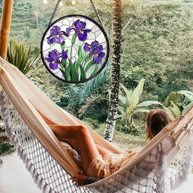 Stained Glass Window Hanging - Purple Iris Flower Sun Catcher for Door Terrace Garden Home Decor, Green Plants Suncatcher Birthday Gifts for Lovers Women Men Dad Mom Nana 6.3 in