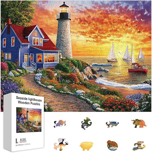 GLOBLELAND 300Pcs Seaside Lighthouse Wooden Jigsaw Puzzles for Adult Garden Sunset Colorful Unique Animal Shaped Jigsaw Puzzles for Holiday Birthday Gifts
