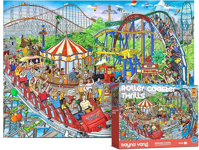 ANTELOPE 3 in 1 1000 Piece Puzzle Bundle - Roller Coaster, Drive in Movie, Cat Castle - 3000 Piece Jigsaw Puzzle, 3 Count, 15 Years and Up