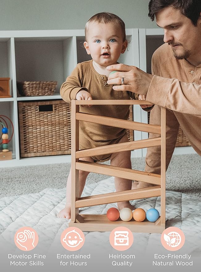 Montessori Ball Tracker Wooden Ball Drop - Wood Toys for 3 Year Old - Educational Toy for Baby and Toddler - Ramp Maze Run Track Toy - First Birthday Gift 18 Months