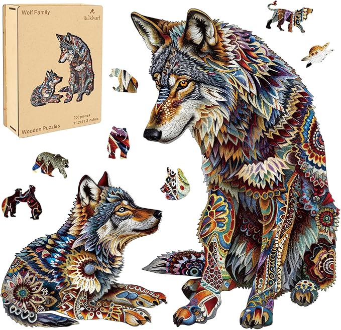 Ruikiyart Wooden Puzzles for Adults, 5MM 200 Pieces Wolf Family Wooden Jigsaw Puzzles, Animal Unique Shaped Puzzle Gifts for Adults and Kids on Thanksgiving, Family Puzzle Games (11.2'' x 11.3'')