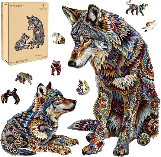 Ruikiyart Wooden Puzzles for Adults, 5MM 200 Pieces Wolf Family Wooden Jigsaw Puzzles, Animal Unique Shaped Puzzle Gifts for Adults and Kids on Thanksgiving, Family Puzzle Games (11.2'' x 11.3'')