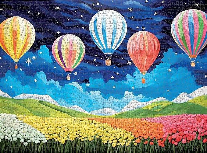Cross & Glory - Starlit Tulip Soiree - 1000 Piece Jigsaw Puzzle for Adults | Moonlit Floral Scene with Hot-Air Balloons | Vibrant Colors