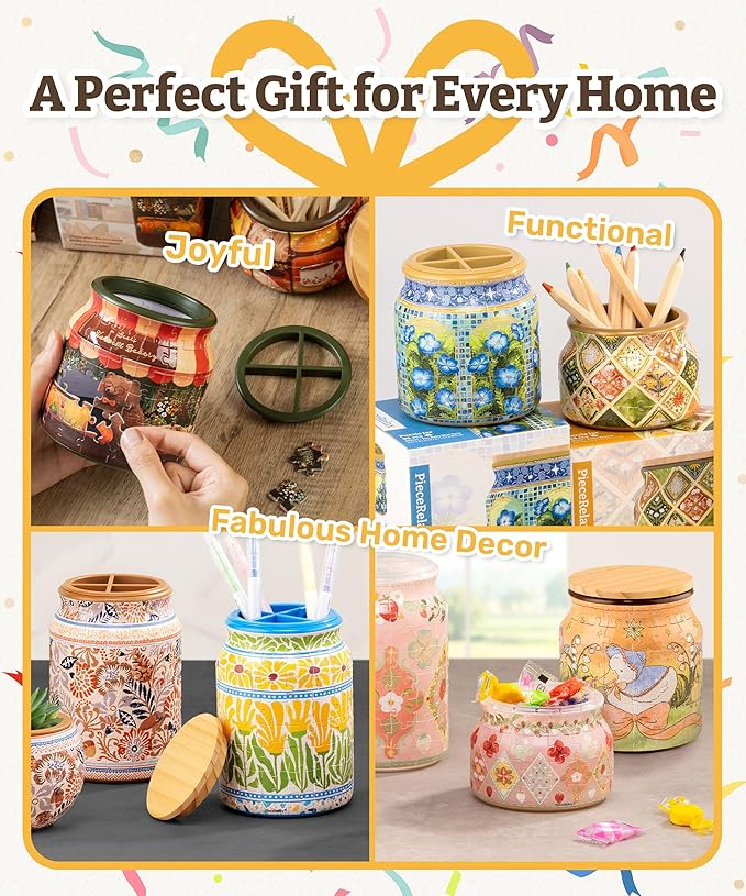 3D Puzzle Jar 128 Plastic Pieces for Adults - Summer Blossoms Use Includes Divider Pen & Utensil Holder with Wooden Lid Dining,Study Living Room Medium [BA1016]