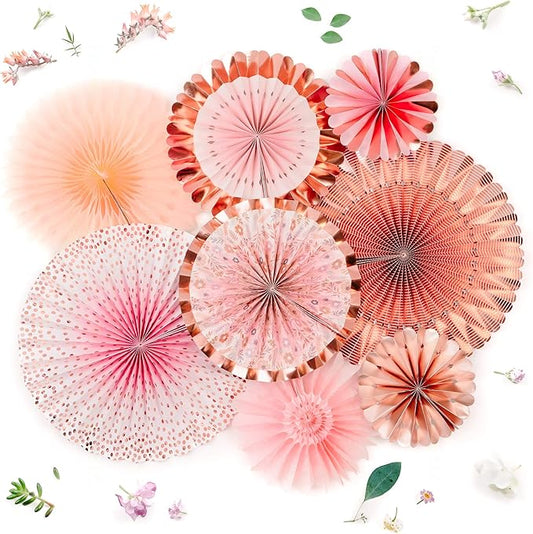 PapaKit Origami Wall Decoration Set (8 Assorted Round Paper Fans) Birthday Party Baby Shower Wedding Events Decor | Creative Art Design Pattern (Lustrous Pink Coral with Metallic Rose Gold)