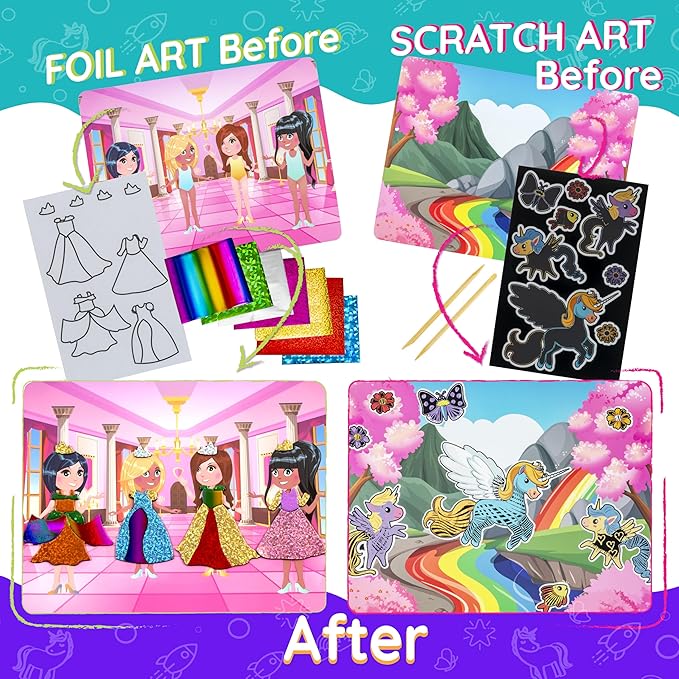 Craftikit ® Award-Winning Unicorn and Princess Foil Art & Rainbow Scratch Art for Kids- 2-in-1 Arts and Crafts Kit for Kids Ages 4-10 - Unicorn Crafts for Girls Ages 4, 5, 6, 7, 8, 9, 10
