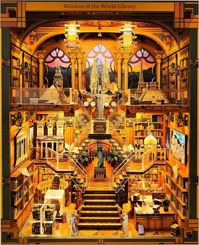 Book Nook Kit - DIY Miniature World Library Booknook - 3D Wooden Puzzle with LED Lights - Creative Bookshelf Insert & Educational Gift for Adults