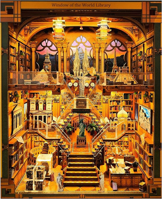 Book Nook Kit - DIY Miniature World Library Booknook - 3D Wooden Puzzle with LED Lights - Creative Bookshelf Insert & Educational Gift for Adults