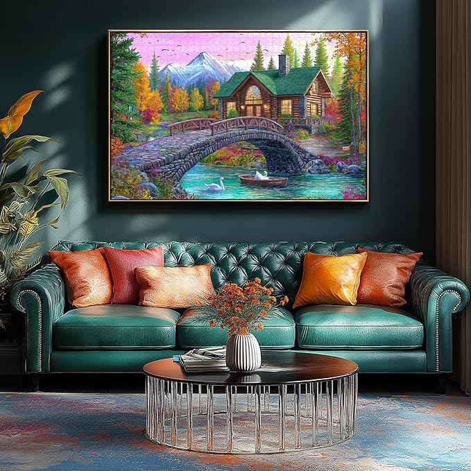 Blueforest 1000 Piece Jigsaw Puzzle for Adults - Challenging Stone Bridge Cottage Landscape, Autumn Valley & Mountain Scenery, Game Night Gift (27.5x19.7 Inch)