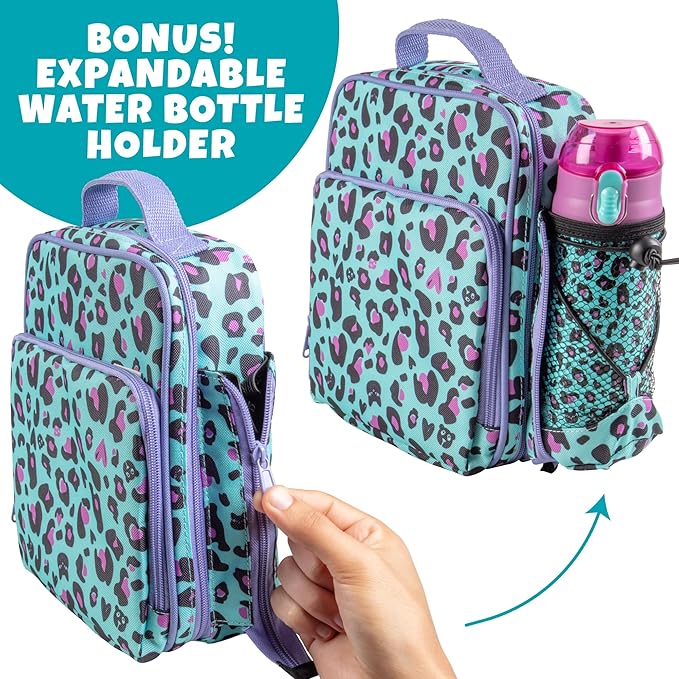 Bentology Kids Lunch Bag Set w Matching Reusable Water Bottle & Hard Ice Pack- Blue Purple Cheetah Cat- Insulated Tote, Stainless Steel Insulated Thermos, Hard Ice Pack- Back to School Lunchbox Kits