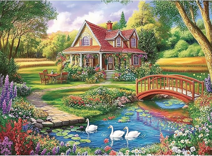 300 Piece Jigsaw Puzzle for Adults – Dream Garden Floral Cottage, Creek & Geese – Premium Relaxing Puzzle Game for Home Decor or Gift (20.5" × 15")
