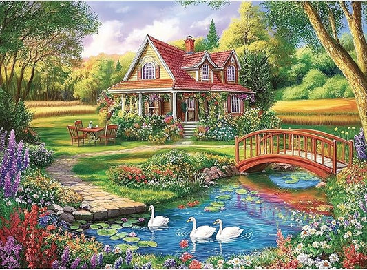 300 Piece Jigsaw Puzzle for Adults – Dream Garden Floral Cottage, Creek & Geese – Premium Relaxing Puzzle Game for Home Decor or Gift (20.5" × 15")