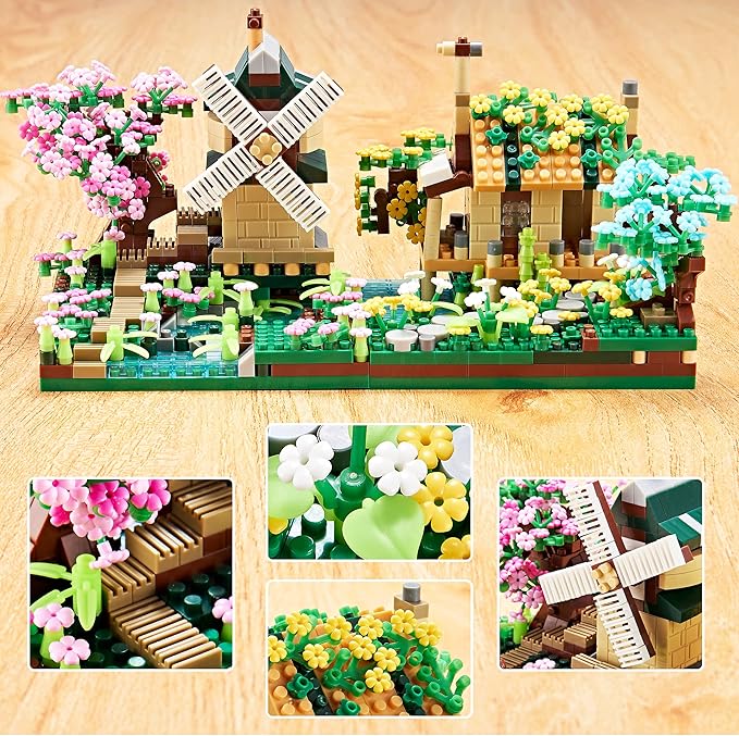 Sakura Tree House Plant Micro Block Building Set,Friendship Windmill Model Construction Set,1200 PCS for Adults and Kid