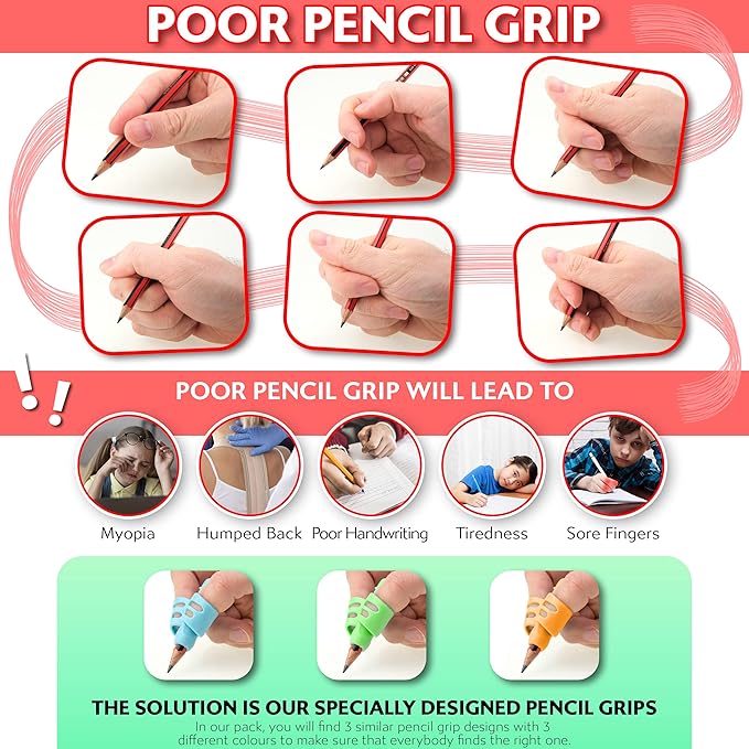 Stylo Set of 3 Grippies - Pencil Grips for Kids Ergonomic Writing Aid for Children and Adults