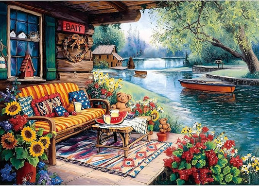Lake House 1000 Piece Puzzle for Adults Summer Lakeside Retreat Jigsaw Puzzle Cozy Cabin Dock Sunflowers Boat Beautiful Landscape Challenging Adult Puzzles for Game Night (27.6"x19.7")