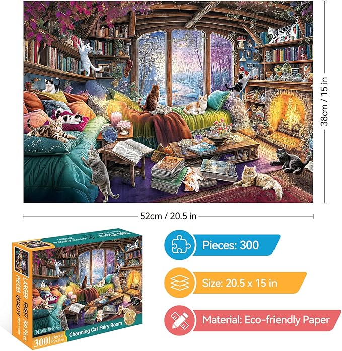 300 Piece Puzzles for Adults, 300 Piece Puzzles for Adults Large Piece, Fantasy Cat Winter Jigsaw Puzzle, Funny Gift for Adult Kids Senior Challenging Family Games Gift Toy, 20.5 X 15 in