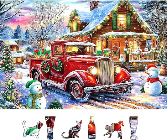 500 Piece Puzzles for Adults Christmas Winter Wonderland Village Cabin Scene with Vintage Truck Snowman & Cozy Cabin at Country Night Festive Jigsaw Puzzle Holiday Lights Festive Gifts for Family