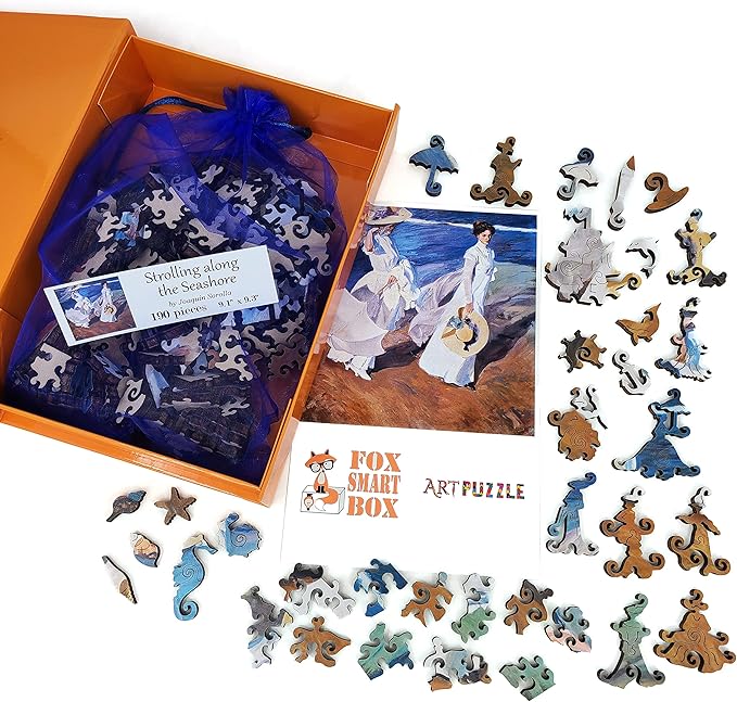 Wooden Jigsаw Puzzle for Adults - Uniquely Shaped Pieces - Made in The USA by FoxSmartBox - 190 Pieces - Strolling Along The Seashore