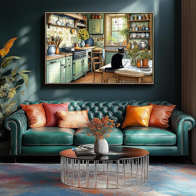 Vintage Country Kitchen Jigsaw Puzzle 1000 Pieces for Adults Cozy Farmhouse Scene Cat Sunflowers Rustic Decor Challenging Puzzle Games Fun Family Activity （27.6" x 19.7"）