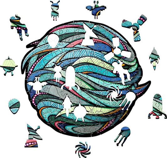 Eco-Wood-Art Wooden Puzzle - Blue Planet S | Unique Round Jigsaw Puzzle for Adults | 3D Earth Globe Decor | 110 Intricate Pieces | Eco-Friendly Home Decor Gift