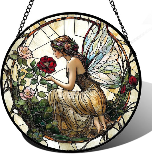 Stained Glass Window Hanging - Butterfly Flower Fairy Suncatcher for Door Terrace Garden Home Decor Yellow Green Plants Sun Catcher Birthday Gifts for Lovers Women Men Dad Mom Nana 11.8 in
