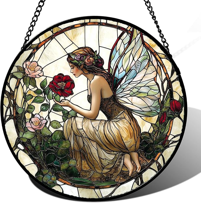 Stained Glass Window Hanging - Butterfly Flower Fairy Suncatcher for Door Terrace Garden Home Decor Yellow Green Plants Sun Catcher Birthday Gifts for Lovers Women Men Dad Mom Nana 7.8 in