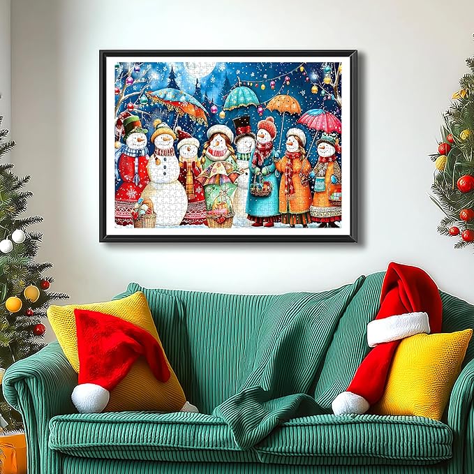 Christmas Snowman Jigsaw Puzzles for Adults 500 Pieces Winter Wonderland Night Holiday Scene with Glowing Lights Fun Family Puzzles Gift for Adults Seniors