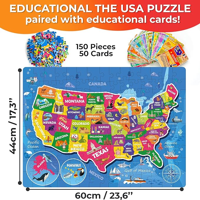 QUOKKA Puzzles for Kids Ages 8-10 - 150 Pcs Jigsaw Puzzles for 6-8 Year Olds - 400+ Facts on 50 Double - Sided Flashcards - Learn USA Education Activity Gift - Shaped Puzzle for Toddlers 4-6