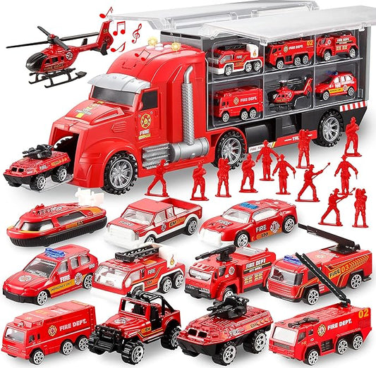 JOYIN 25 in 1 Fire Truck Vehicle Toy Set with Sounds and Lights, Fire Engine Vehicles in Carrier Truck, Mini Rescue Emergency Car Toy, Birthday Gifts for Over 3 Years Old Boys