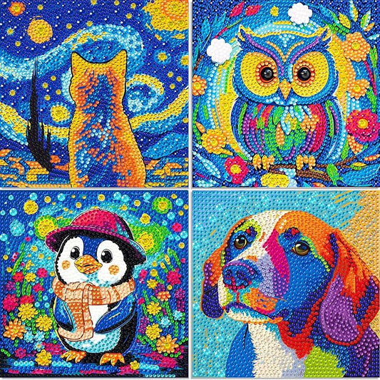 Libfx Diamond Art Kits for Kids 4 Pcs Diamond Art for Girls Boys Beginners Arts and Crafts for Kids Ages 8-12 (Dog Cat Penguin Owl)