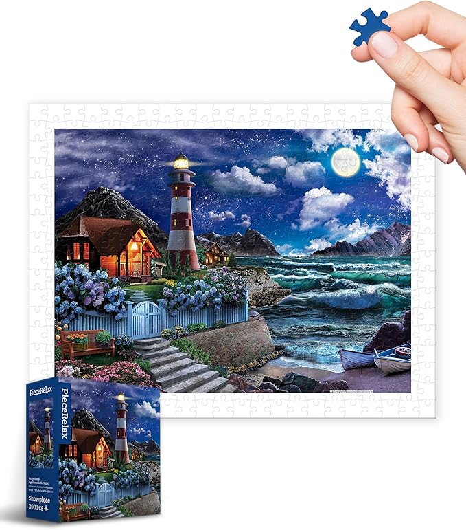 PieceRelax Plastic Jigsaw Puzzles for Adults 300 Pieces - Image World - Lighthouse in The Night Most Satisfying Table Games and Gifts No Puzzle Mat Required [H3565]
