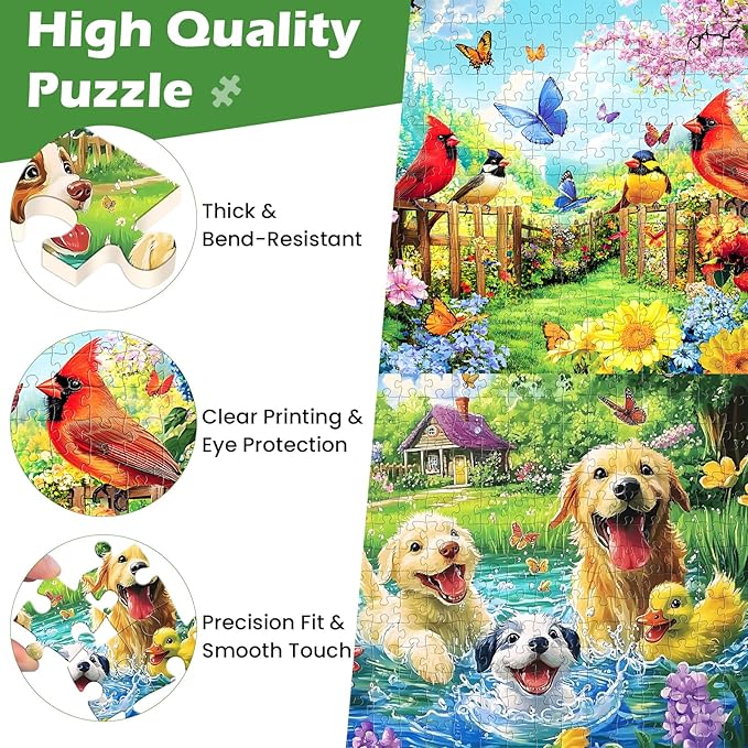 2 Pack 300 Pieces Puzzle for Adults,Bird Jigsaw Puzzles 300 Pieces Dog Puzzle Hummingbird Puzzles 300 Piece for Adults Kids Seniors Premium Cardboard Bird Lover Puzzles