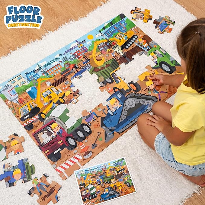 BONNYCO Giant Floor Puzzles for Kids of Construction Site with 48 Large Pieces. Jumbo Puzzle 36.2 x 24.4 in, Gifts for Boys and Girls, Educational Kids Toys Ages 2-8
