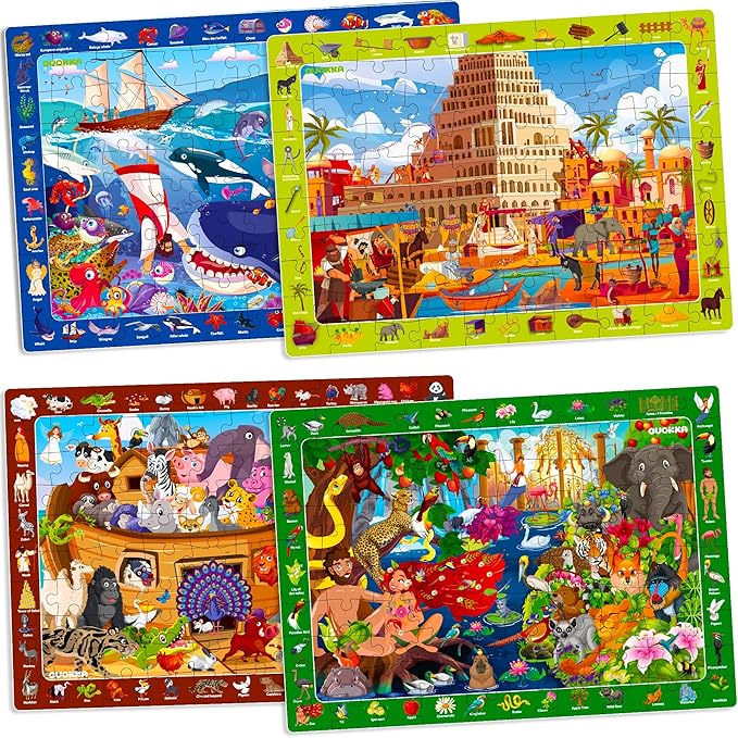 QUOKKA 60 Piece Kids Puzzles Ages 5-8 - Set of 4 Bible Jigsaw Puzzles for Kids 4-6-10 Year Old - Tower of Babel - Noah`s Ark - Eden Toys for Children 5-7 yo - Christian Gifts for Boys & Girls