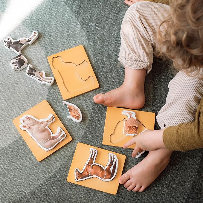 Wooden Montessori Animal Puzzles for Toddlers 2+ Years | Realistic Chunky Farm Animal Shape Puzzle | Educational Learning Toy - Three-Piece Farm Animal Puzzles