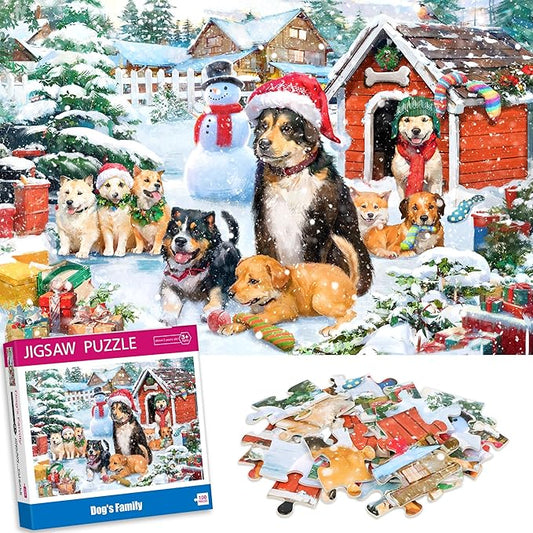 100 Piece Puzzles for Ages 4-8, Dogs Family Christmas Jigsaw Puzzle, Learning Educational Puzzle Toys for Girls and Boys, Xmas Gifts for Kids and Senior