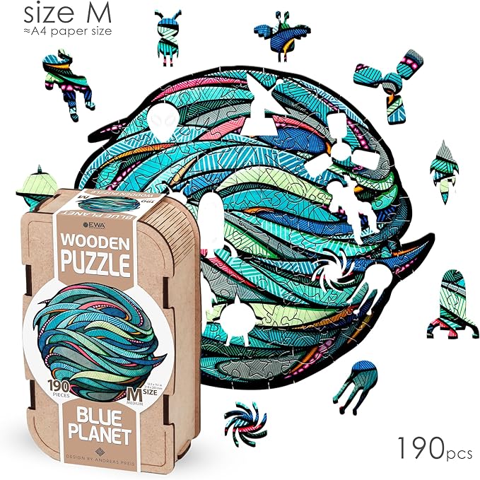 Eco-Wood-Art Wooden Puzzle - Blue Planet M | Unique Round Jigsaw Puzzle for Adults | 3D Earth Globe Decor | 300 Intricate Pieces | Eco-Friendly Home Decor Gift