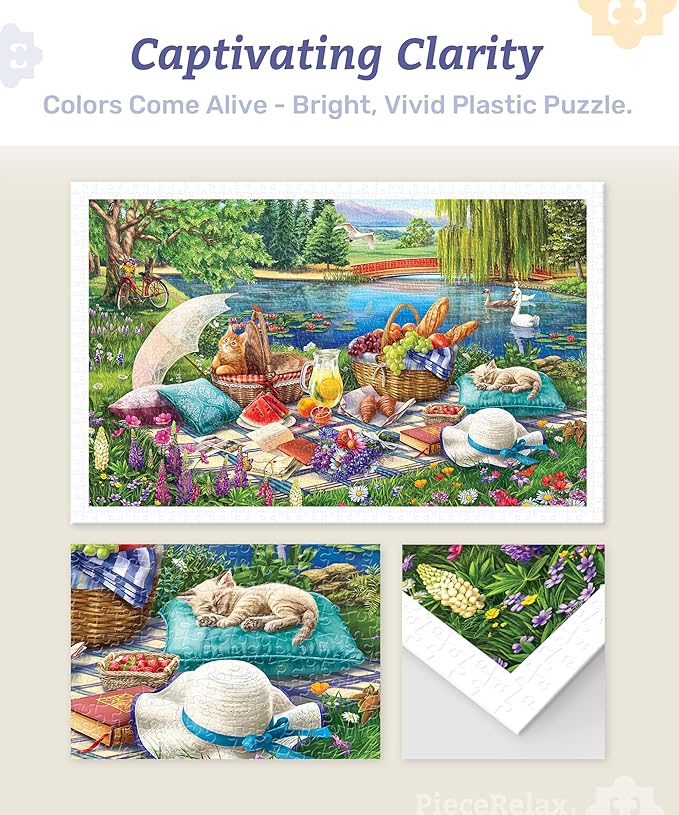 PieceRelax Plastic Jigsaw Puzzles for Adults 1000 Pieces - Image World - Kitten Picnic Most Satisfying Table Games and Gifts No Puzzle Mat Required [H3564]