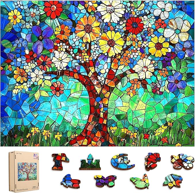 Wooden Puzzles for Adults, Tree of Life Puzzles 500 Pieces, Unique Shaped Stained Glass Jigsaw Puzzles for Adults and Kids, Birthday Gifts Fun Challenge Family Game 14.2'' x 18.8''